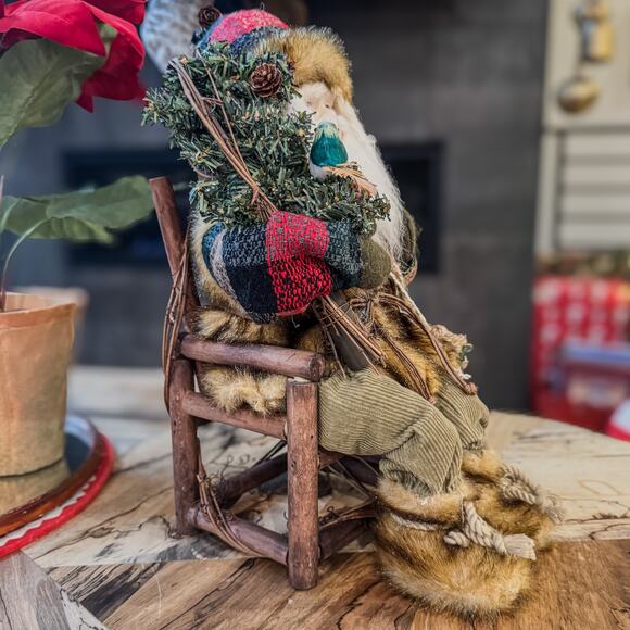 Woodland Mountain Man Santa in Wooden Twig Chair w/ Bird & Snow Shoes, 14"H - Picture 8 of 15